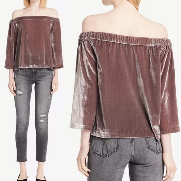 Calvin Klein Jeans Women's Mauve Velvet Off the Shoulder 3/4 Sleeve Top S - Picture 1 of 15